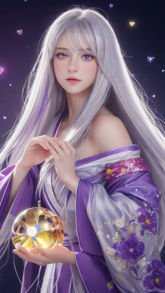 (masterpiece:1.3), (8k, photorealistic, raw photo, highest quality:1.4), (one girl), beautiful face, (realistic face), (long hair), (silver hair, near white hair, shiny hair, beautiful straight hair), (even bangs), (sharp bangs), straight hairstyle, realistic eyes, beautiful detailed eyes (purple eyes), (sharp eyes), (realistic skin), beautiful skin, (kimono), (magician's kimono), (flower hair ornament), attractive, ultra high resolution, ultra realistic, highly detailed, golden ratio, colorful background, (flowers blooming), (energy dancing background), magician, facing forward, facing from shoulders, looking straight ahead, both shoulders facing towards you, holding crystal ball, (heart crystal ball, love crystal ball).