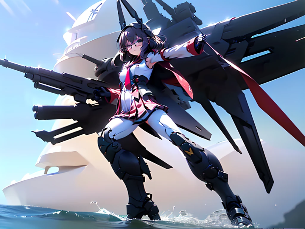 (((masterpiece, Vision))), ((((Full body of a woman with perfect flat chest、1 Female、solo、Short unkempt black hair、Tie your messy hair at the nape of your neck、white military jacket、Miko costume、black tights、Black glasses are black、White military cap、Cloudy black eyes、Confused eyes、Junyo-inspired emblem、Ship-style boots)))), (((Shipgirl))), ((Floating on the morning sea with both feet)), (Standing with your legs apart)), Aim, (Hold the shotgun turret grip with your right hand), (Four white mechanical dragons extend from its back.), (Holding a shotgun with metal tentacles), (Equipped with a bridge on the back), (Left arm holds the grip of a double-barreled shotgun),