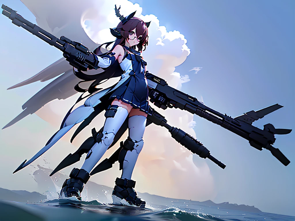 (((masterpiece, Vision))), ((((Full body of a woman with perfect flat chest、1 Female、solo、Short unkempt black hair、Tie your messy hair at the nape of your neck、white military jacket、Miko costume、black tights、Black glasses are black、White military cap、Cloudy black eyes、Confused eyes、Junyo-inspired emblem、Ship-style boots)))), (((Shipgirl))), ((Floating on the morning sea with both feet)), (Standing with your legs apart)), Aim, (Hold the shotgun turret grip with your right hand), (Four white mechanical dragons extend from its back.), (Holding a shotgun with metal tentacles), (Equipped with a bridge on the back), (Left arm holds the grip of a double-barreled shotgun),