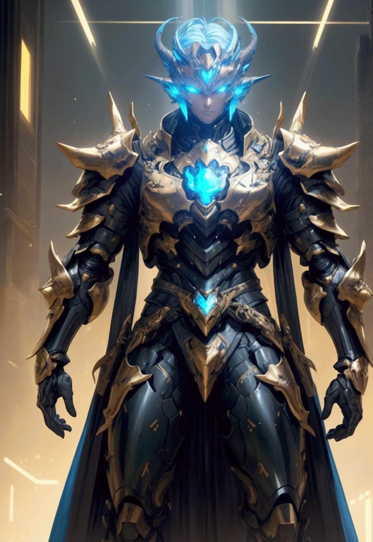 manคนหนึ่งสวมหมวกกันน็อคเต็มใบ, Fantasy style biotechnology armored battle suit, green eyes, (Multi-layered chest armor), Closed shoulder guard, Matching arm and leg protection, A belt decorated with dragon claw orbs., (The color scheme is mostly yellow with black and blue accents.), The design strikes a balance between versatility., High-tech bio-mecha armor, (Dragon-inspired armor concept, Stand atop a skyscraper in a futuristic sci-fi city.), The character is a collection of surreal fantasy armored heroes that are intricately crafted in the anime style., Refined and mature manga art style, (Combat Damage, component, plasma, energy, glowing armor), ((man:1.5)), metal, real surface material, Amazing, high definition, best quality, height, Very detailed, ภาพวาดที่Very detailed, very delicate, professional, perfect body proportions, golden ratio, Anatomically correct, Symmetrical face, ดวงตาและใบหน้าที่มีรายVery detailed, High quality eyes, creativity, raw photos, UHD, 32K, natural light, movie light, Masterpiece-anatomy-perfect, Masterpiece:1.5