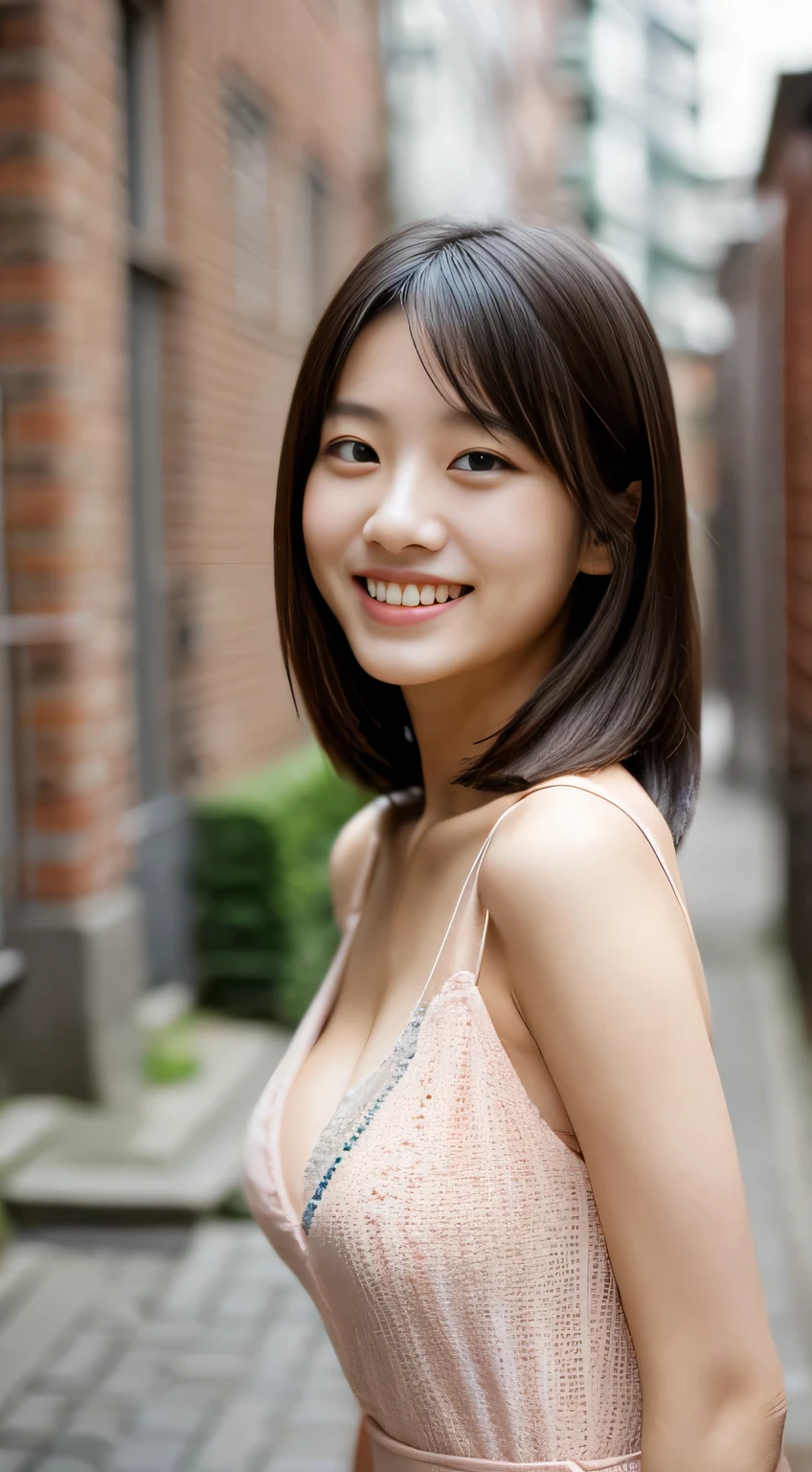 masterpiece,best quality,(Japanese ),((Beautiful girl)),cleavage,(perfect body beauty:1.2),(shy smile),beautiful teeth,(Blurred background of brick buildings),