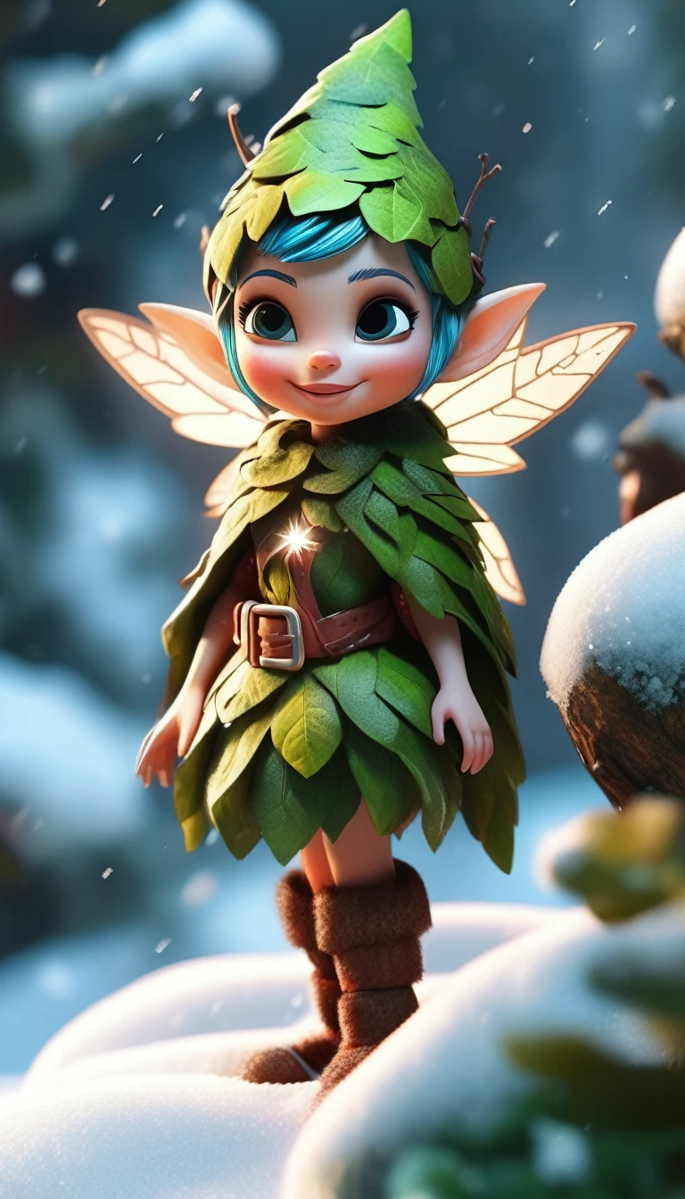 a snowy winter leaf pixie girl on a leaf in the snow, the snow pixie and the world of adventure, photo realism, 8k resolution,