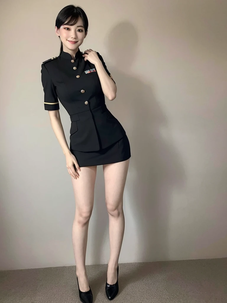 Highest quality、masterpiece、8k、Very detailed、Realistic、Looking at me with a smile、whole body、Black Hair、Short Hair、Small face、Slender、(Very large breasts)、Thin and beautiful legs、narrow and constricted waist,、(Tight reception uniform:1.2)