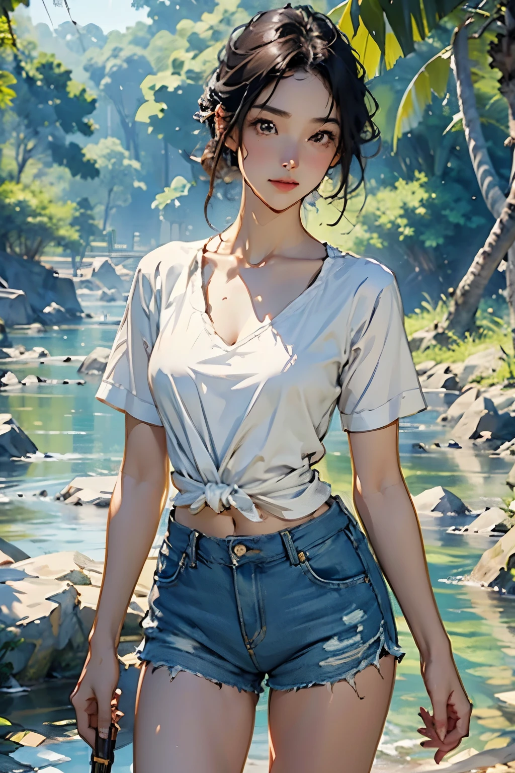 ((Artwork, Highest quality, High resolution)), ((Highly detailed 8K uniform CG wallpaper)), (Huge and amazing photos of the Goddess, Very hot and sexy, Wearing denim shorts, White top, Holding a survival knife in your hand、Amazing beauty, Perfect Proportions, Cute body, Slim body beauty:1.2), Woman silhouette,View from the front, Jungle Waterside、open air, Ray Tracing、Bright sunlight、rich vegetation, 