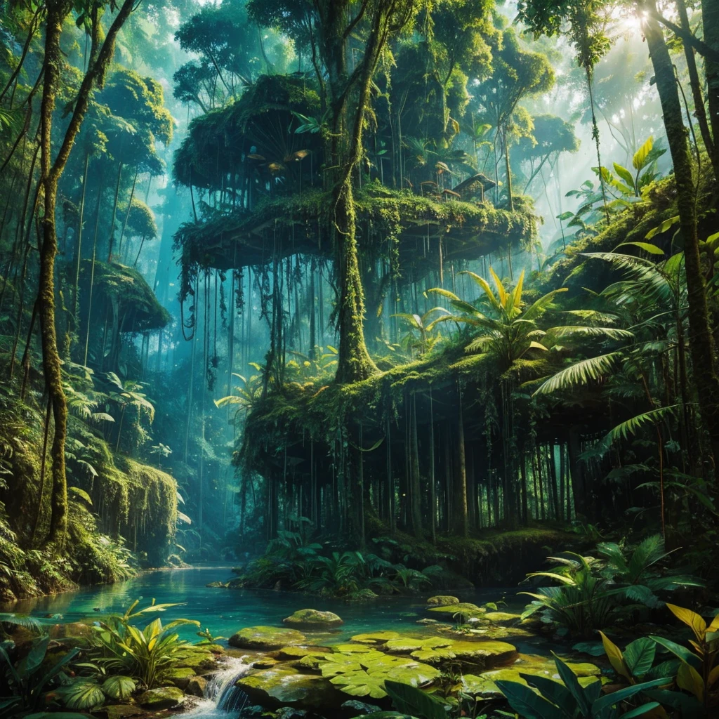Masterpiece, ultra detailed, beautiful,Super Saturation, jungle adventure,dense forest, arcadia