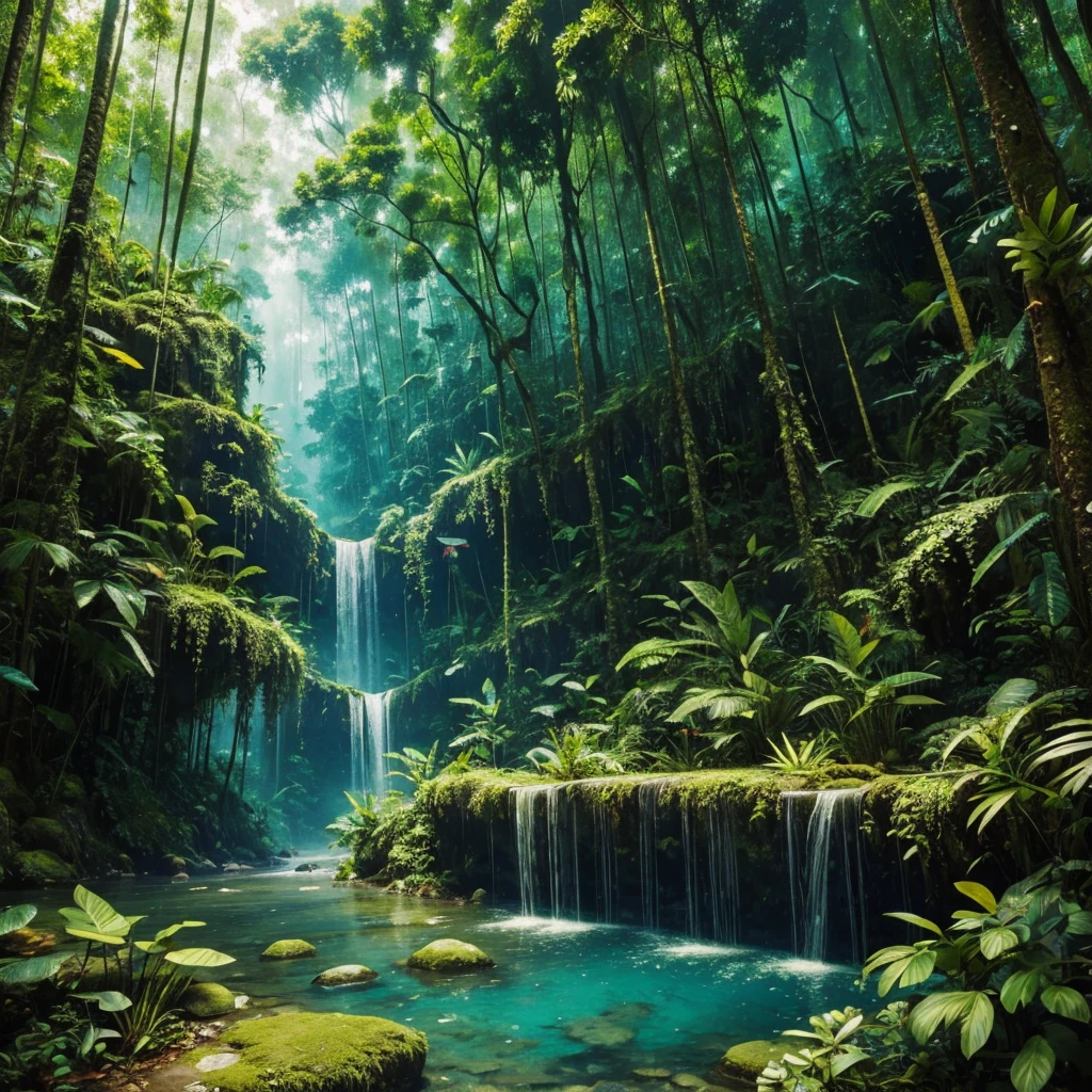 Masterpiece, ultra detailed, beautiful,Super Saturation, jungle adventure,dense forest, arcadia