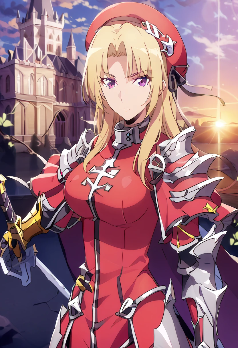 score_9, score_8_up, score_7_up,
ChaHaeInSL,
1girl, solo, closed mouth,
blonde hair, medium hair, purple eyes,
ChaHaeInArmor, red bodysuit, shoulder armor, gauntlets, armored boots, military, pelvic curtain, holding sword,
(standing:1.2), looking at the viewer, crossed legs,
masterpiece, best quality, beret, pink capelet, pink tunic, white pants, brown gloves, upper body, sunset, gothic architecture, castle, clouds, looking at viewer, from side, shy, better hands, metal collar, shackles, bracers, standind on bed