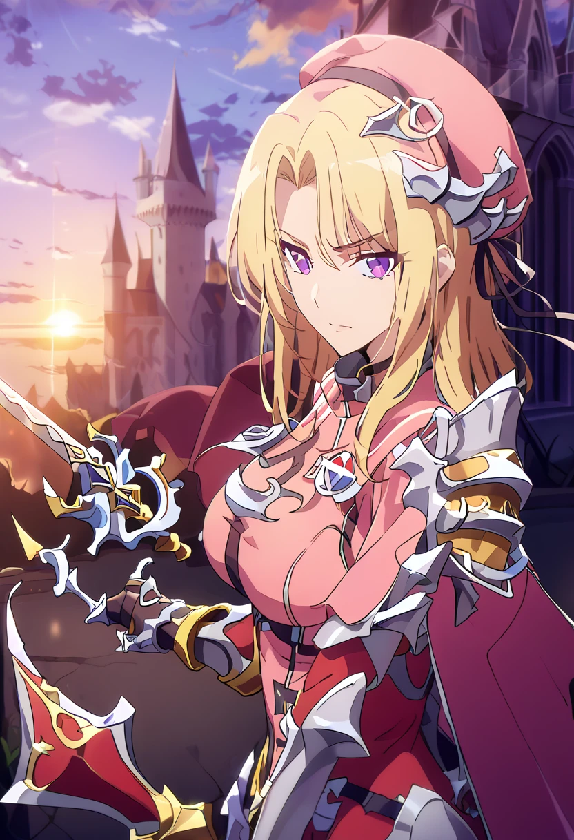 score_9, score_8_up, score_7_up,
ChaHaeInSL,
1girl, solo, closed mouth,
blonde hair, medium hair, purple eyes,
ChaHaeInArmor, red bodysuit, shoulder armor, gauntlets, armored boots, military, pelvic curtain, holding sword,
(standing:1.2), looking at the viewer, crossed legs,
masterpiece, best quality, beret, pink capelet, pink tunic, white pants, brown gloves, upper body, sunset, gothic architecture, castle, clouds, looking at viewer, from side, shy, better hands, metal collar, shackles, bracers, standind on bed