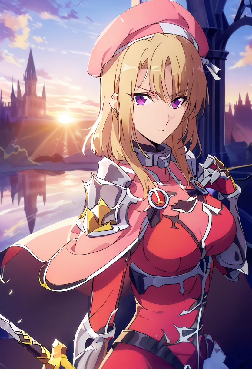 score_9, score_8_up, score_7_up,
ChaHaeInSL,
1girl, solo, closed mouth,
blonde hair, medium hair, purple eyes,
ChaHaeInArmor, red bodysuit, shoulder armor, gauntlets, armored boots, military, pelvic curtain, holding sword,
(standing:1.2), looking at the viewer, crossed legs,
masterpiece, best quality, beret, pink capelet, pink tunic, white pants, brown gloves, upper body, sunset, gothic architecture, castle, clouds, looking at viewer, from side, shy, better hands, metal collar, shackles, bracers, standind on bed