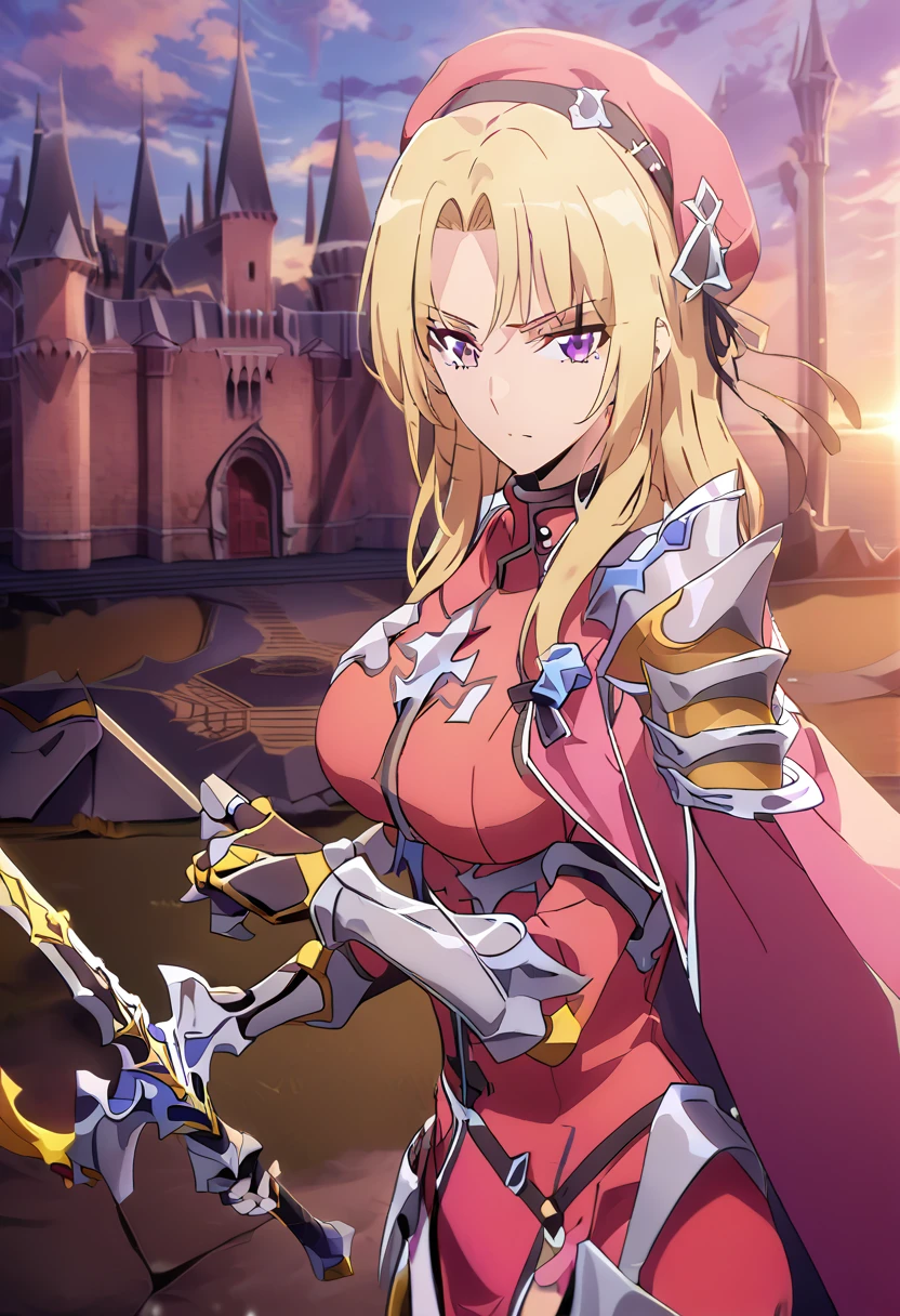 score_9, score_8_up, score_7_up,
ChaHaeInSL,
1girl, solo, closed mouth,
blonde hair, medium hair, purple eyes,
ChaHaeInArmor, red bodysuit, shoulder armor, gauntlets, armored boots, military, pelvic curtain, holding sword,
(standing:1.2), looking at the viewer, crossed legs,
masterpiece, best quality, beret, pink capelet, pink tunic, white pants, brown gloves, upper body, sunset, gothic architecture, castle, clouds, looking at viewer, from side, shy, better hands, metal collar, shackles, bracers, standind on bed