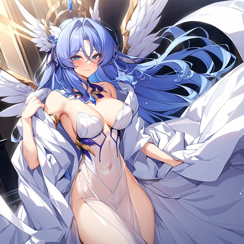 ((Highest quality)), ((masterpiece)), (detailed), (Perfect Face)、The woman is wearing only the see-through robe of the goddess, and her naked body is visible through it.、The woman is a fine angel who became a member of the Greek goddesses.6An archangel and god with wings and a shining halo above his head.々The wife of Zeus, the king of the gods, the goddess Hera Extella、The woman is the beautiful queen of the one and only god, Zeus, the goddess Hera Axtia. She has medium-long blue hair, an engagement ring, and is wearing only a see-through feather robe and luxurious accessories. She is an elegant goddess and a beautiful queen of the gods.