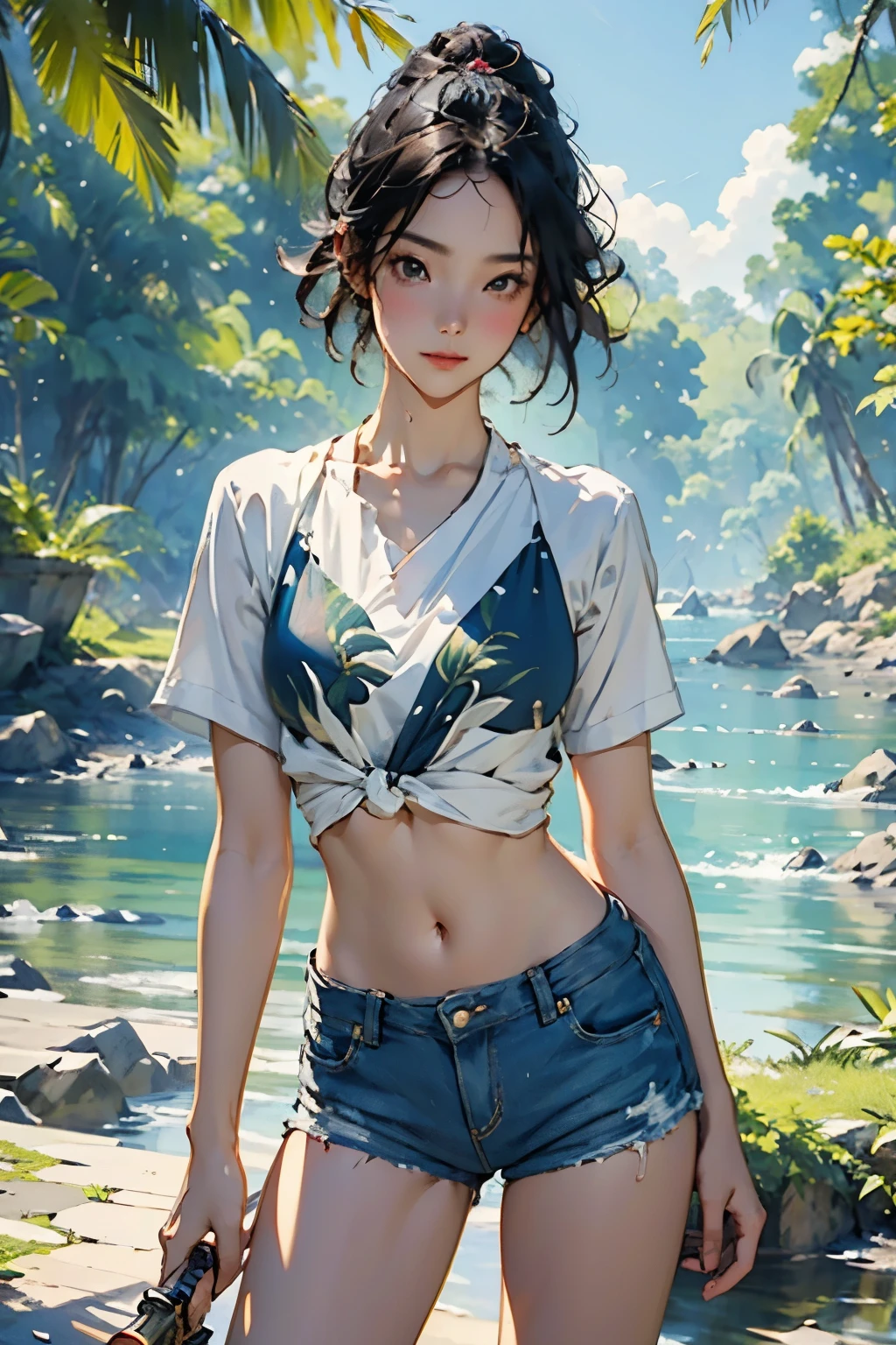 ((Artwork, Highest quality, High resolution)), ((Highly detailed 8K uniform CG wallpaper)), (Huge and amazing photos of the Goddess, Very hot and sexy, Wearing denim shorts, White top, Holding a survival knife in your hand、Amazing beauty, Perfect Proportions, Cute body, Slim body beauty:1.2), Woman silhouette,View from the front, Jungle Waterside、open air, Ray Tracing、Bright sunlight、rich vegetation, 