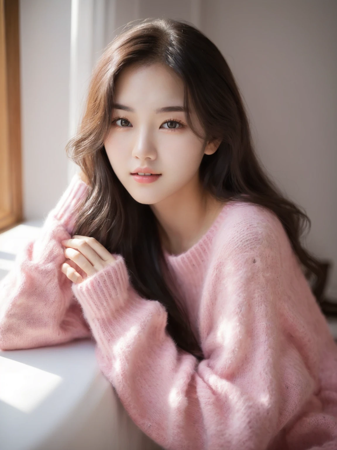 A woman in a pink sweater sits on the windowsill, Beautiful young Korean woman, 可爱的Korean actress, Beautiful young Korean woman, Beautiful Korean woman, Young cute girl, Korean Girl, Young and cute Korean face, Korean actress, Korean female fashion models, Lee Ji-eun, Lee Ji-eun, A lovely young woman