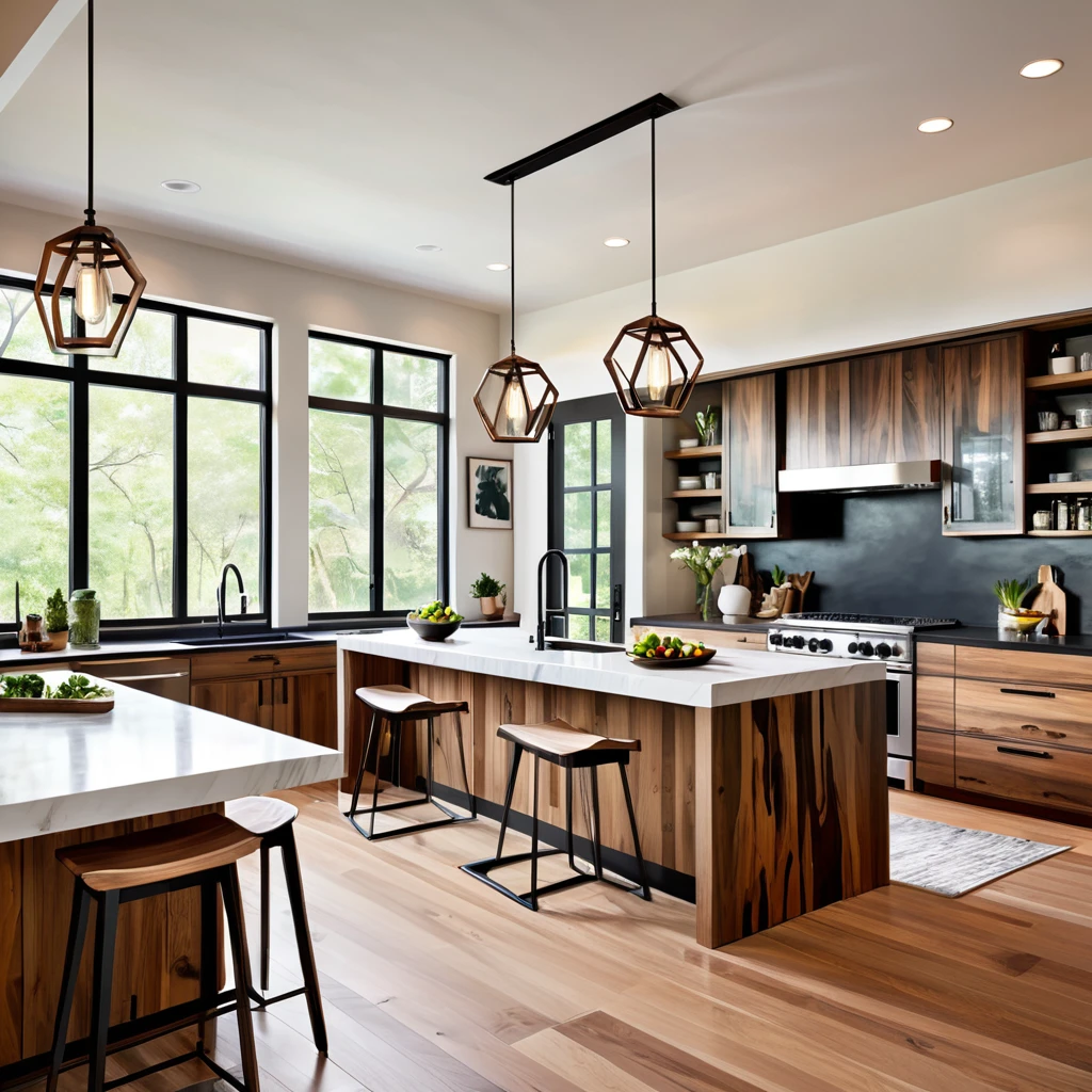 Design a sleek and modern kitchen with a distinctive live-edge wooden island countertop. The kitchen should feature white cabinets and black countertops for a contemporary aesthetic. Add geometric bar stools and pendant lights above the island for a stylish look. Use a light, neutral backsplash to keep the space bright and airy. Make sure the kitchen is filled with natural light, enhancing the combination of modern and rustic elements for a cozy and elegant feel