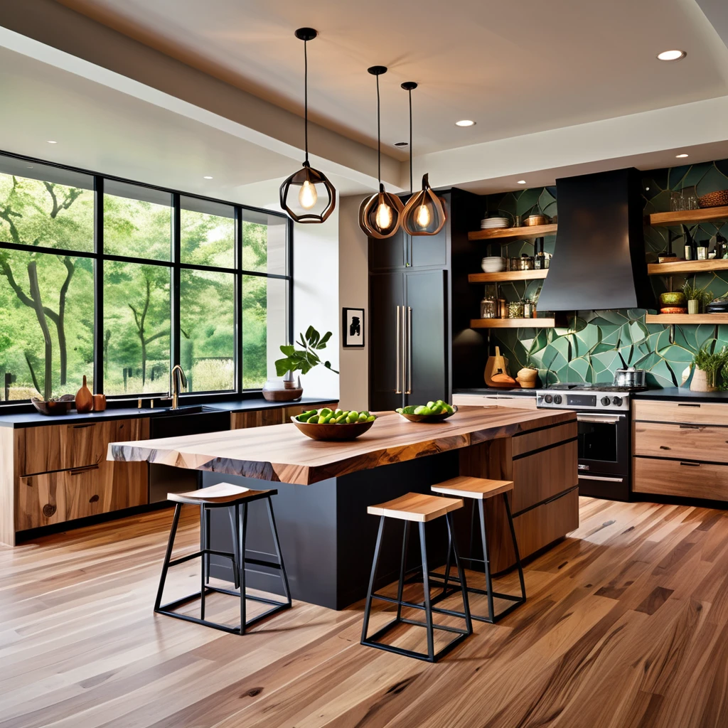 Design a sleek and modern kitchen with a distinctive live-edge wooden island countertop. The kitchen should feature white cabinets and black countertops for a contemporary aesthetic. Add geometric bar stools and pendant lights above the island for a stylish look. Use a light, neutral backsplash to keep the space bright and airy. Make sure the kitchen is filled with natural light, enhancing the combination of modern and rustic elements for a cozy and elegant feel