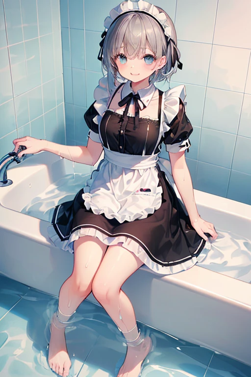 (Ultra high quality:1.6), (Highest quality:1.4), (Attention to detail:1.4), (Ultra-high resolution:1.6), (Detailed face), (Detailed eyes), Sparkling eyes, Bright Face, Looks fun, cute, The best smile, Best Anatomy, Gray Hair, (Maid clothes, White apron, Headband, Black Dress, ribbon, Maid clothes, Classic, Long:1.4), (白と黒のMaid clothes), お風呂に入るMaid clothes, (Bathing fully clothed:1.6), (Soaked from head to toe:1.6), Maid sunk up to her shoulders, natural, Submersion, Bathtub, Luxurious bathtub, Soak up to the shoulders, Would you like to join us?, Bathing assistance