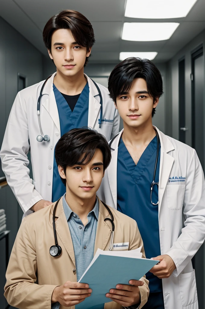 A doctor with slanted eyes and black hair holding some papers in his hands and a boy with light brown hair and equally light eyes looking at the doctor. ,Above their heads are the words alpha and omega webtoon style