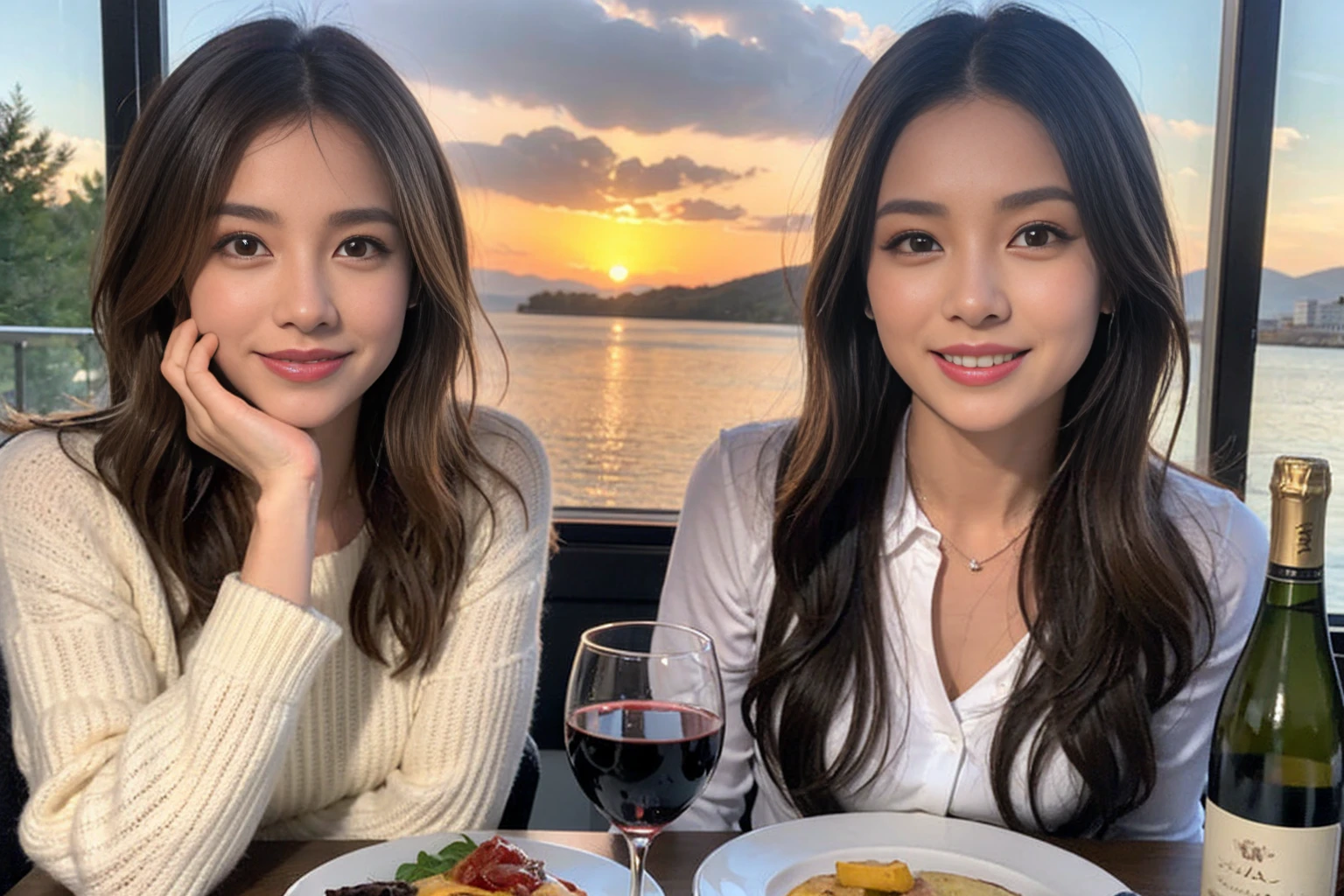 (Realistic:1.1),(masterpiece,Highest quality),8k,(40 years old), 42 years old, slimカップル、Model Couple、actress/actor、Tight waist,Upper Body,full-course dinner、wine 、Amazing view of the sunset sky and clouds、Perfect Anatomy, Brown Hair, short hair,Random Hairstyles,((Highly detailed face and eyes:1.2))(cute顔:1.4),美しいactressの顔,Perfect golden ratio face,Long sleeve shirt、dress,(smile:1.2)、Shortcuts、cute、(Realistic, Intricate details:1.2), A bright smile、short hair,Bright Face、赤wine 、Appetizers、Italian food、wine bottle、Champagne、スパークリングwine、(slimな顔), (The body is slim), (Brown Hair), (Shortcuts), Upper Body, 白wine, slim, wineグラス,