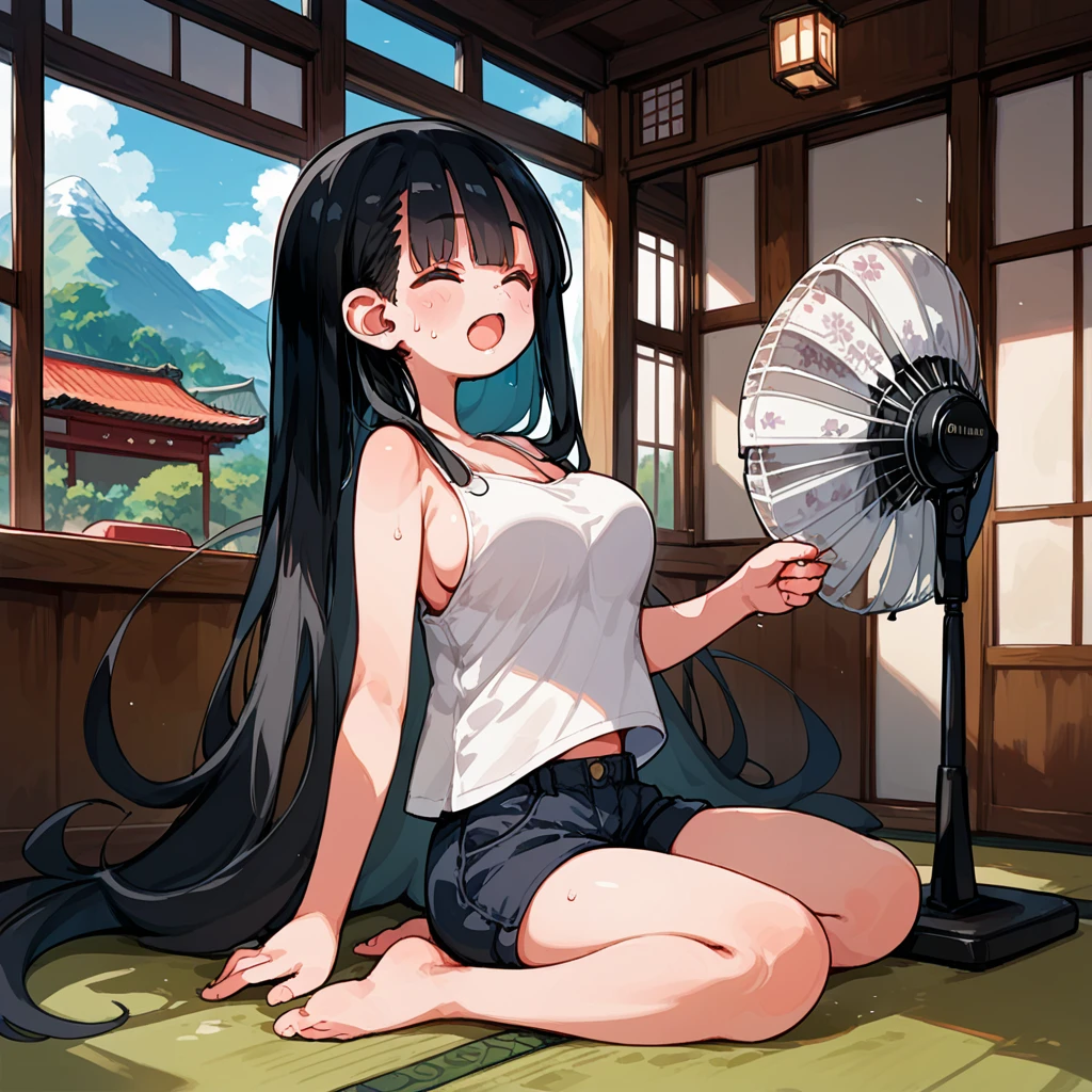 [GENERATED BY 7th anime XL-Pony A:100] (score_9,score_8_up,score_7_up,score_6_up),masterpiece,best quality, source anime, rating_safe, 1girl, sitting, (indian style, agura:1.3), spread legs, stylish ankles, (big electric fan:1.5) on face, closed eyes, (open mouth:1.3), from side, full body, v arms,headback, holding ankles,leaning forward, summer,indoors,tatami, (living room:1.3),mountains in the distance、 BREAK girl, 18 yo, (li:1.3), (large breasts:1.3), (black hair:1.2), (medium long hair:1.2), (hair between eyes:0.5), (straight hair:1.3), grey eyes, (tareme:1.3) BREAK white tank top, short shorts, bare legs, sweat, wind, floating hair, living clothes,