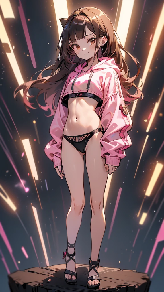 (highest quality, 4k, High resolution, masterpiece:1.2), Super detailed, (anime style, photorealistic:1.37), cinematic light, Bright colors and mesmerizing effects, Soft and delicate lighting, gentle shine, Beautiful and gentle atmosphere throughout the scene, (1girl:1.5), joven, (Cara finamente detallada:1.4, Ropa detallada), (Detallado:1.4) named (Eimi Fukada:1.1) BREAK Cara hermosa, Profundidad de campo, Agregar capa, (:1.8), Modelo de cuerpo perfecto, senos perfectos, 175cm de altura, pose sexy, full body, cuerpo completo, Tipo de cuerpo del modelo, BREAK (pink crop top hoodie:1.5), (black tiny thong, thong intricate:1.4), (Cabello largo:1.3), (brunette:1.1), dark brown hair, doble parpado, (reddish brown eyes:1.5) BREAK blush, long hair, nijistyle, smile, ((Character design sheet)), cute cat ears