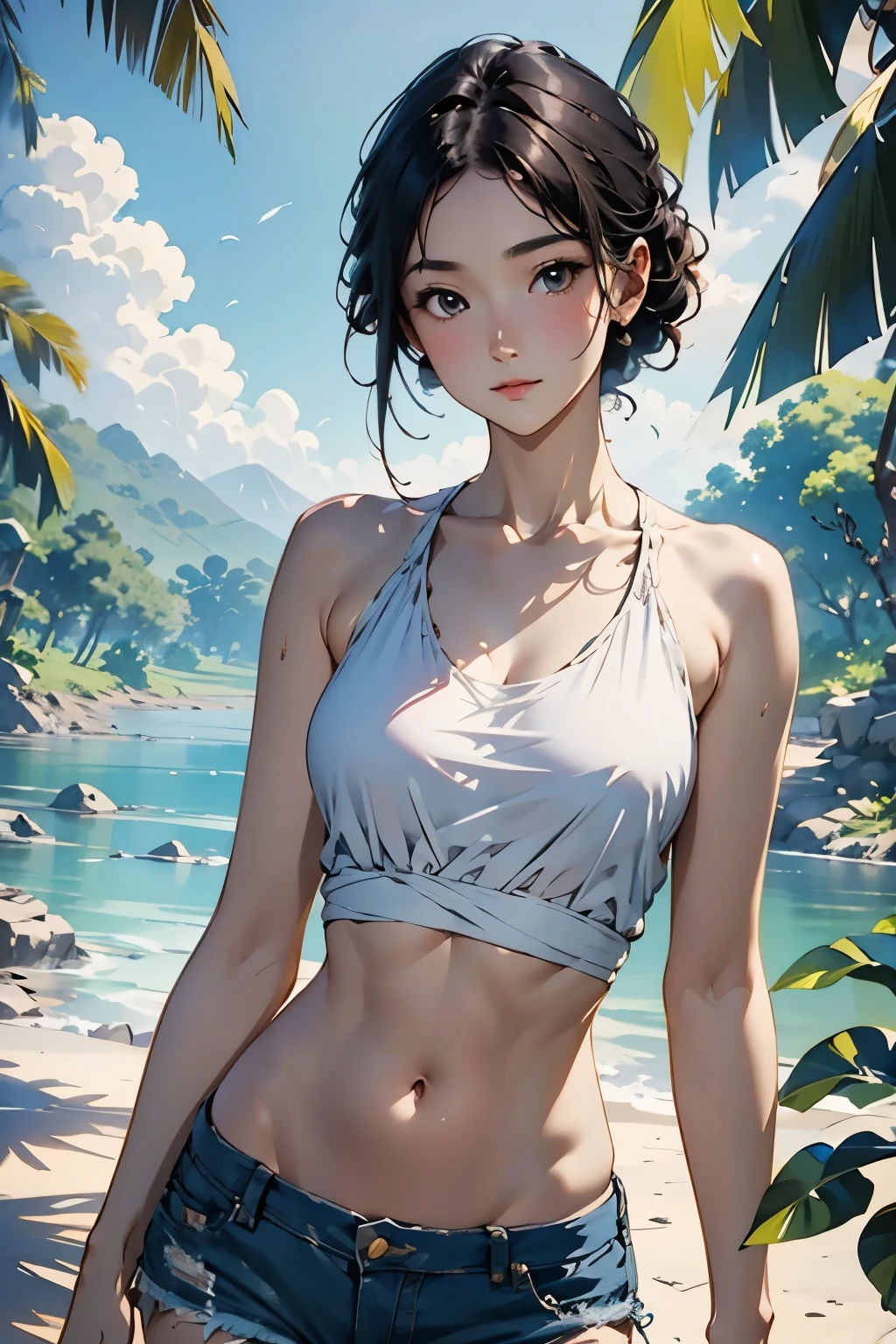 ((Artwork, Highest quality, High resolution)), ((Highly detailed 8K uniform CG wallpaper)), (Huge and amazing photos of the Goddess, Very hot and sexy, Wearing denim shorts, White top, Holding a survival knife in your hand、Amazing beauty, Perfect Proportions, Cute body, Slim body beauty:1.2), Woman silhouette,View from the front, Jungle Waterside、open air, Ray Tracing、Bright sunlight、rich vegetation, 