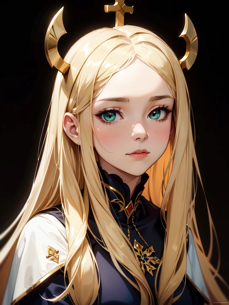 (((Portrait Photo))), She has a Radiant and Elegant Appearance of a -Yeld, w a Delicate yet Confident Demeanor. Her Long, Silky Blonde Hair Falls Gracefully Over Her Shoulders, Adding a Touch of Ethereal Beauty. Her Green Eyes Shimmer with a Subtle Warmth, Exuding a Sense of Grace and Devotion. She Wears a Revealing Nun's Habit with Intricate Gold Crosses, Accentuating Her Poise and Mystique. Her Expression is Soft and Welcoming, with a Slight Blush on Her Cheeks, Conveying a Sense of Warmth and Serenity. (((High Quality, Dark Background))), (((Portrait Photo)))