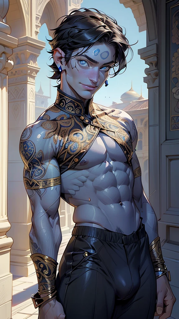 Arabian djinn,(male:1.5), muscle, 1boy, big muscle, pectoral,  muscular, Mature man,45 year old man,adult,1 man, old macho man,an extremely detailed face, (((blue_eyes:1.3))),intricate eyes,beautiful detailed eyes,symmetrical eyes,short hair,modern very short black hair,djinn hair,perfect face,   ((detailed face)),musculatureAbs,(bluebeard:1.5)

(((blue skin:1.5,blue body:1.5,blue face;1.5))),

smile,   

(ultra-detailed:1.3), beautiful detailed glow,  finely detailed, ultra-detailed, 

((body blue war paint)),wearing turban:1.2,wearing a blue silk dhoti, silks draped around his torso, slight smile, bulky, sinewy muscles,((bulge in pants)),(((intricate outfit,intricate clothes,ornate outfit))),

(dynamic pose:1.0),embarrassed,(centered,scale to fit dimensions,Rule of thirds),

inside,indoor,((palace in Arabia, palace in Arabia background)),scenery:1.25,((intricate scenery)),

(Glossy winter ornaments),highres,sharp focus,(ultra detailed,extremely detailed),(photorealistic artwork:1.37),(extremely detailed CG unity 8k wallpaper),(((vibrant colors,vibrant theme))),(intricate),(masterpiece),(best quality),artistic photography,(photography taken by sldr),(intricate background),perfect rendered face,perfect face details,realistic face,photo realistic,((intricate detail)),(((realism))),
