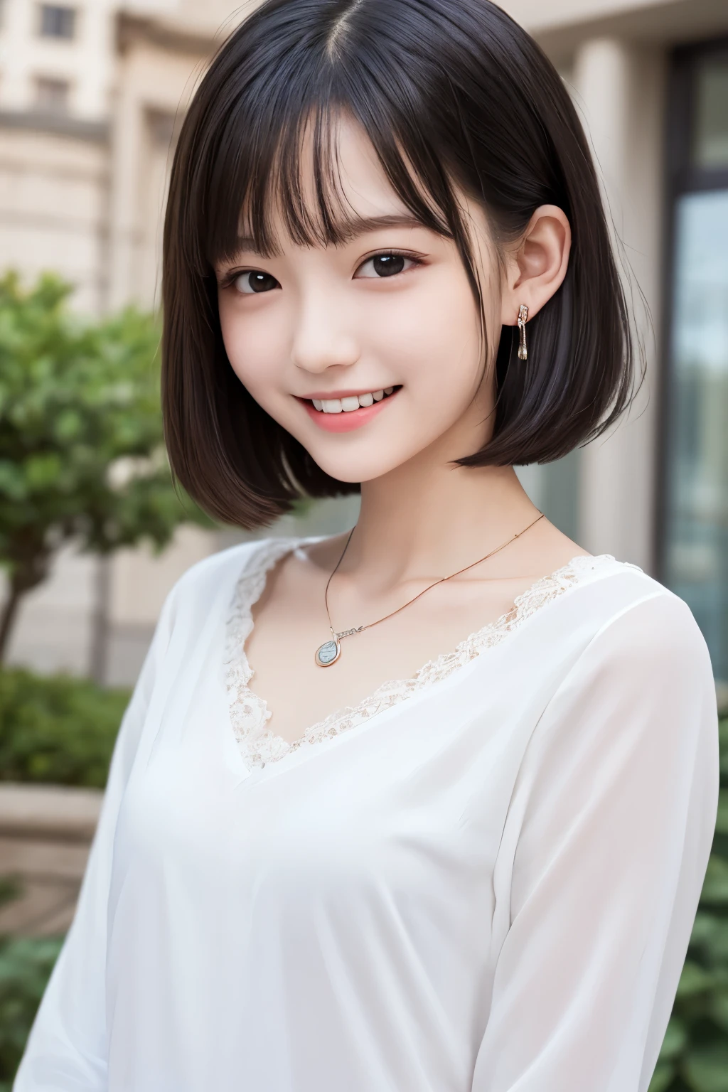 masutepiece, Best Quality, One girl, (a beauty girl, Delicate girl:1.3), (16 years old:1.3), Very fine eye definition, ),smile、Beautiful teeth alignment、Black Hair、Short Haircut、Long sleeve blouse、Ear piercing、necklace, , face focus、Background building passage