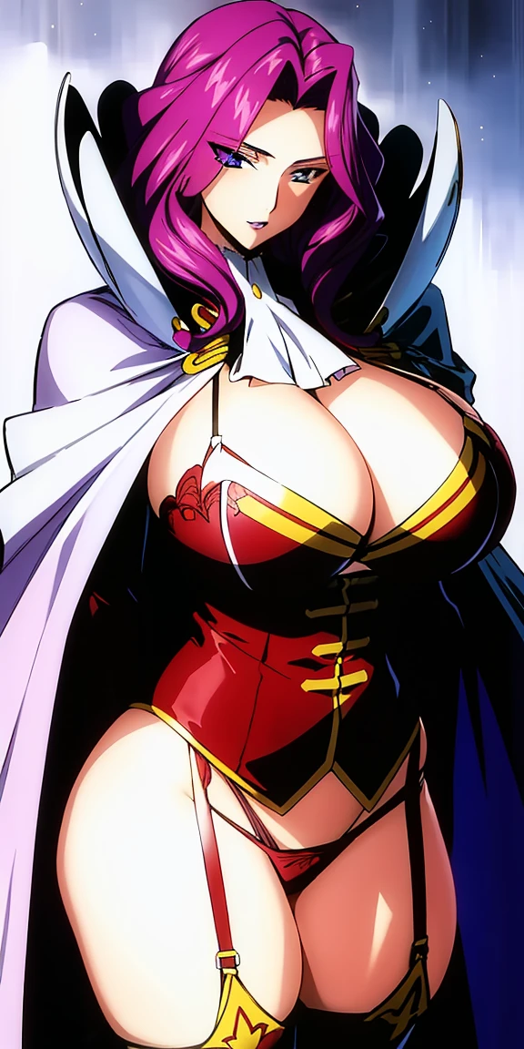 cornelia_li_britannia, huge breasts, solo, standing, cornelia_military_uniform, cornelia_white_cape,, masterpiece, best quality, detailed face, detailed eyes, highres, bra exposed, panty exposed