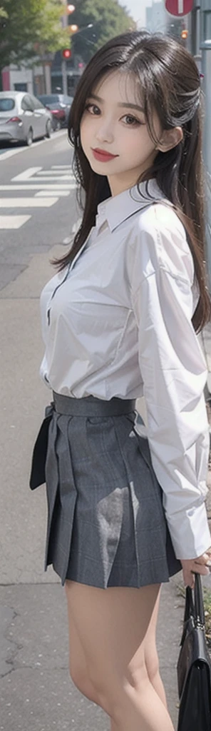 1 beautiful girl, Sad girl, Long Hair, 18-year-old, A beautiful face without blemishes, Rosy Face, Black eyes, Thin eyebrows, The most thorough makeup is the eyelashes, Pink lipstick, lips , Elegant smile, Her breasts are large and round, Slim waist, Big Breasts, moderately large butt, Long legs, Please wear a thin white button-up shirt that reaches down to your waist and shows your underwear., She is wearing a grey checked pleated mini skirt., high school student, Black Loafers, Thighs, Long Hair, One afternoon, Town, Outside background image, Quality Best image quality, 8K quality, Real Girls, artwork, whole body, Small face