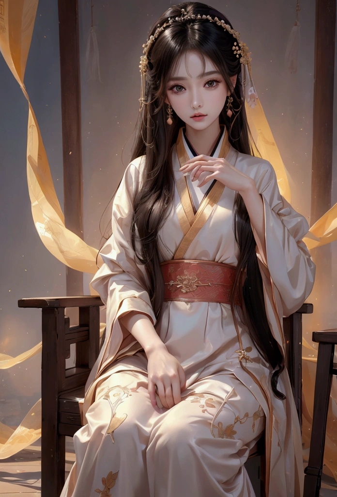 Best image quality、8k、masterpiece：1.3))、Realistic high-quality photos、Highest quality、 Beautiful face、Photos of slim models、Beautiful girl model、Young and pretty face、Beautiful model girl、A lovely and delicate face、Black Hair、Beautiful brown eyes、Young Body、Hanfu, (emphasize)、from the front、Camera gaze、Anatomically correct、胸の谷間をemphasize、whole body、