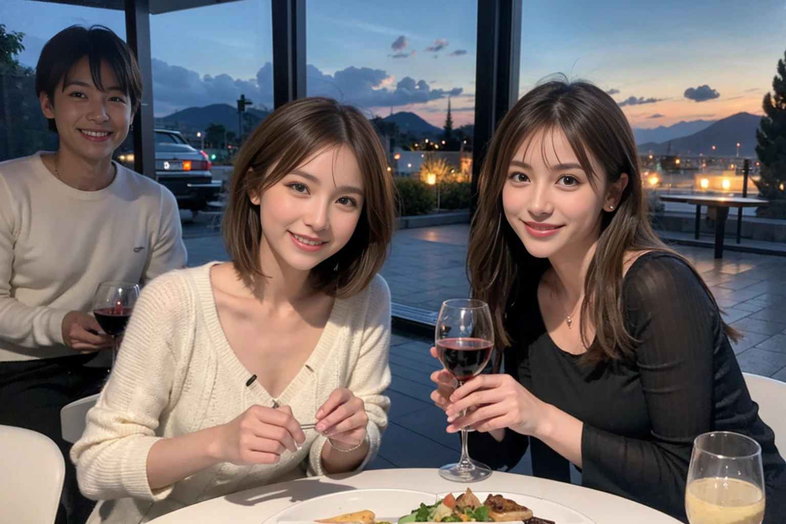 （Realistic:1.1）,(masterpiece,Highest quality)，8k,(40 years old), 42 years old, slimカップル、Model Couple、actress/actor、Tight waist,Upper Body,full-course dinner、wine 、Amazing view of the sunset sky and clouds、Perfect Anatomy, Brown Hair, short hair,Random Hairstyles,((Highly detailed face and eyes:1.2))(cute顔:1.4)，美しいactressの顔，Perfect golden ratio face，Long sleeve shirt、dress,(smile:1.2)、Shortcuts、cute、(Realistic, Intricate details:1.2), A bright smile、short hair,Bright Face、赤wine 、Appetizers、Italian food、wine bottle、Champagne、スパークリングwine、(slimな顔), (The body is slim), (Brown Hair), (Shortcuts),  Upper Body, 白wine, slim, wineグラス, 