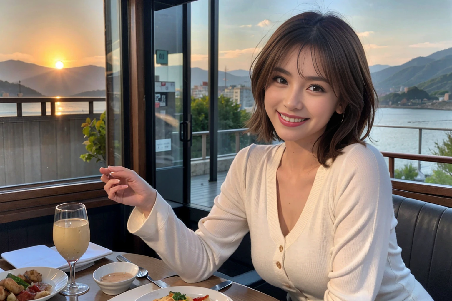 （Realistic:1.1）,(masterpiece,Highest quality)，8k,(40 years old), 42 years old, slimカップル、Model Couple、actress/actor、Tight waist,Upper Body,full-course dinner、wine 、Amazing view of the sunset sky and clouds、Perfect Anatomy, Brown Hair, short hair,Random Hairstyles,((Highly detailed face and eyes:1.2))(cute顔:1.4)，美しいactressの顔，Perfect golden ratio face，Long sleeve shirt、dress,(smile:1.2)、Shortcuts、cute、(Realistic, Intricate details:1.2), A bright smile、short hair,Bright Face、赤wine 、Appetizers、Italian food、wine bottle、Champagne、スパークリングwine、(slimな顔), (The body is slim), (Brown Hair), (Shortcuts),  Upper Body, 白wine, slim, wineグラス, 