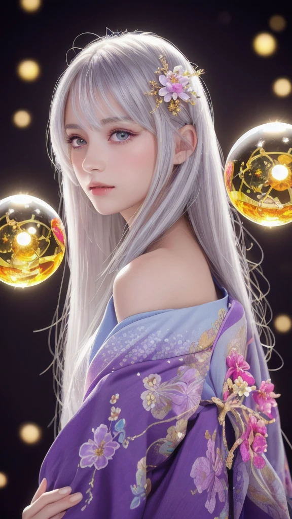(masterpiece:1.3), (8k, photorealistic, raw photo, highest quality:1.4), (one girl), beautiful face, (realistic face), (long hair), (silver hair, near white hair, shiny hair, beautiful straight hair), (even bangs), (sharp bangs), straight hairstyle, realistic eyes, beautiful detailed eyes (purple eyes), (sharp eyes), (realistic skin), beautiful skin, (kimono), (magician's kimono), (flower hair ornament), attractive, ultra high resolution, ultra realistic, highly detailed, golden ratio, colorful background, (flowers blooming), (energy dancing background), magician, facing forward, facing from shoulders, looking straight ahead, both shoulders facing towards you, holding crystal ball, (heart crystal ball, love crystal ball).