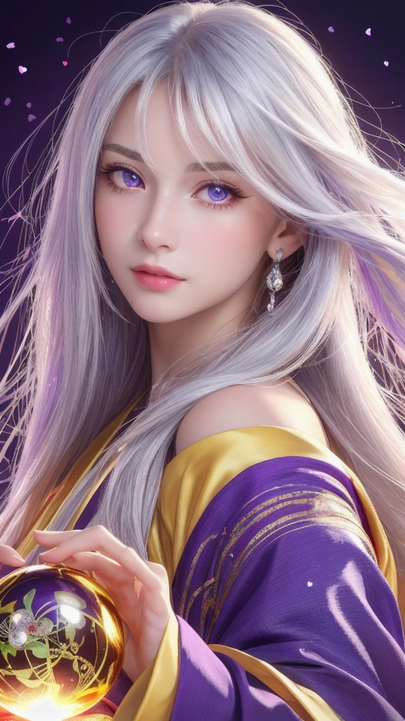 (masterpiece:1.3), (8k, photorealistic, raw photo, highest quality:1.4), (one girl), beautiful face, (realistic face), (long hair), (silver hair, near white hair, shiny hair, beautiful straight hair), (even bangs), (sharp bangs), straight hairstyle, realistic eyes, beautiful detailed eyes (purple eyes), (sharp eyes), (realistic skin), beautiful skin, (kimono), (magician's kimono), (flower hair ornament), attractive, ultra high resolution, ultra realistic, highly detailed, golden ratio, colorful background, (flowers blooming), (energy dancing background), magician, facing forward, facing from shoulders, looking straight ahead, both shoulders facing towards you, holding crystal ball, (heart crystal ball, love crystal ball).