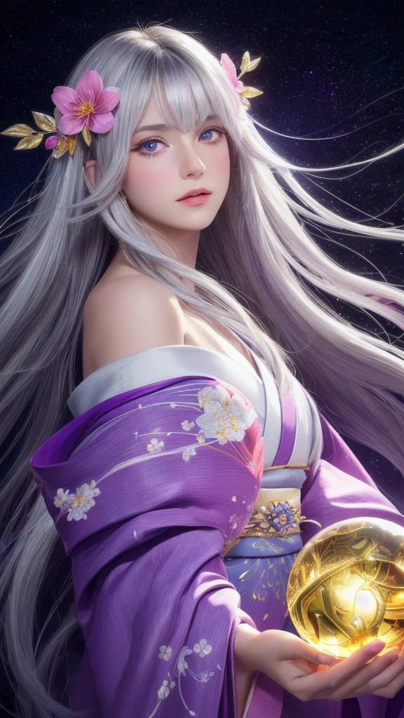 (masterpiece:1.3), (8k, photorealistic, raw photo, highest quality:1.4), (one girl), beautiful face, (realistic face), (long hair), (silver hair, near white hair, shiny hair, beautiful straight hair), (even bangs), (sharp bangs), straight hairstyle, realistic eyes, beautiful detailed eyes (purple eyes), (sharp eyes), (realistic skin), beautiful skin, (kimono), (magician's kimono), (flower hair ornament), attractive, ultra high resolution, ultra realistic, highly detailed, golden ratio, colorful background, (flowers blooming), (energy dancing background), magician, facing forward, facing from shoulders, looking straight ahead, both shoulders facing towards you, holding crystal ball, (heart crystal ball, love crystal ball).
