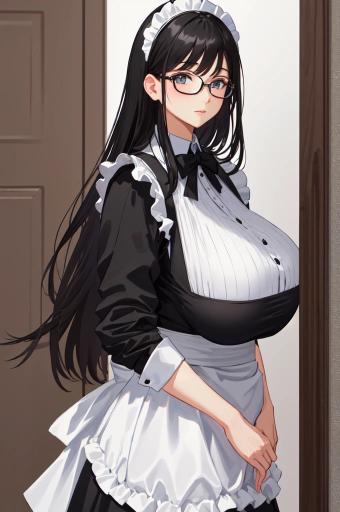 {{masterpiece}},high quality, 4K, 2D, 1 girl,{simple gray background},{{attractive mature lady}},milf,standing,sagging breasts,{{gigantic breasts}},maid,front face,{{tareme}},attractive mature lady,black hair, {from right in front of face and body},View viewers from front,{front facing shot},Wear glasses,(serious:0.1)