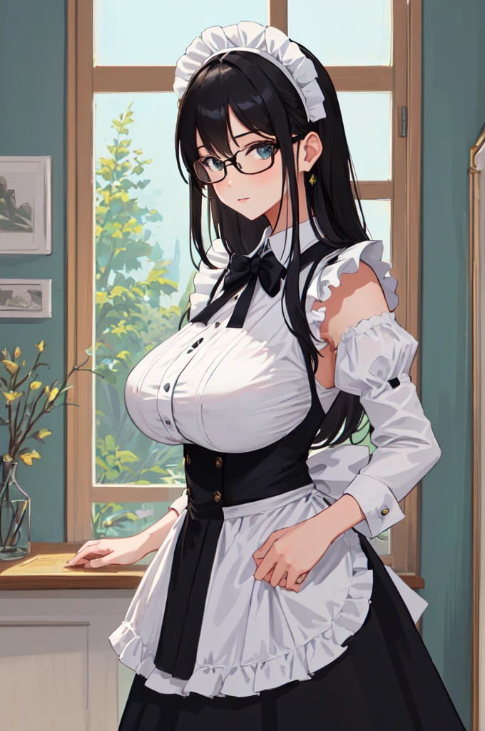 {{masterpiece}},high quality, 4K, 2D, 1 girl,{simple gray background},{{attractive mature lady}},milf,standing,sagging breasts,{{gigantic breasts}},maid,front face,{{tareme}},attractive mature lady,black hair, {from right in front of face and body},View viewers from front,{front facing shot},Wear glasses,(serious:0.1)