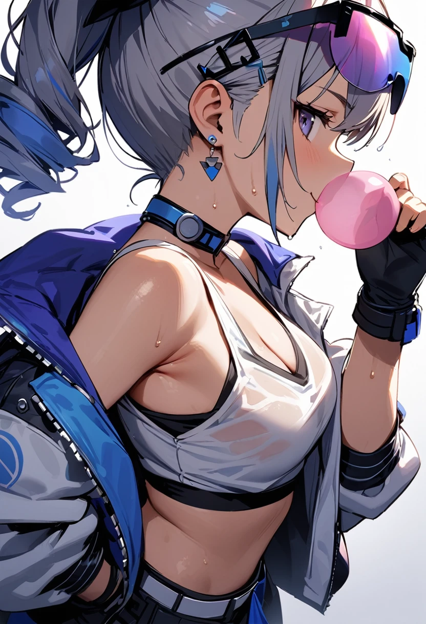 (masterpiece:1.2),Highest quality,Pixiv ,One girl,alone,View your viewers,smile,White background only,whole body,From the side,One knee,,Look to the side、white background only,silverwolf,shirt, hair ornaments, gloves, Cleavage, bare shoulders, jewelry, Medium chest, Jacket, Hair Ribbon, white shirt, Earrings, Open clothes, No sleeve, choker, black gloves, Hair Clip, fingerless gloves, Underarms, off shoulder, open Jacket, Crop top, No sleeve shirt, sunglasses, Wear glasses on your head, Bubble Blowing, chewing gum,Young girl,shoulder,Upper Body,hand holding Jacket,sweating,Heavy breathing,vapor,open Jacket,greasy shoulder,Inverted hair,Underarm,((greasy Underarm)),From the side, shoulder focus,Wet clothes,((Underarm focus)),bare shoulder,((Backlight)),((smooth Underarm)),、No background