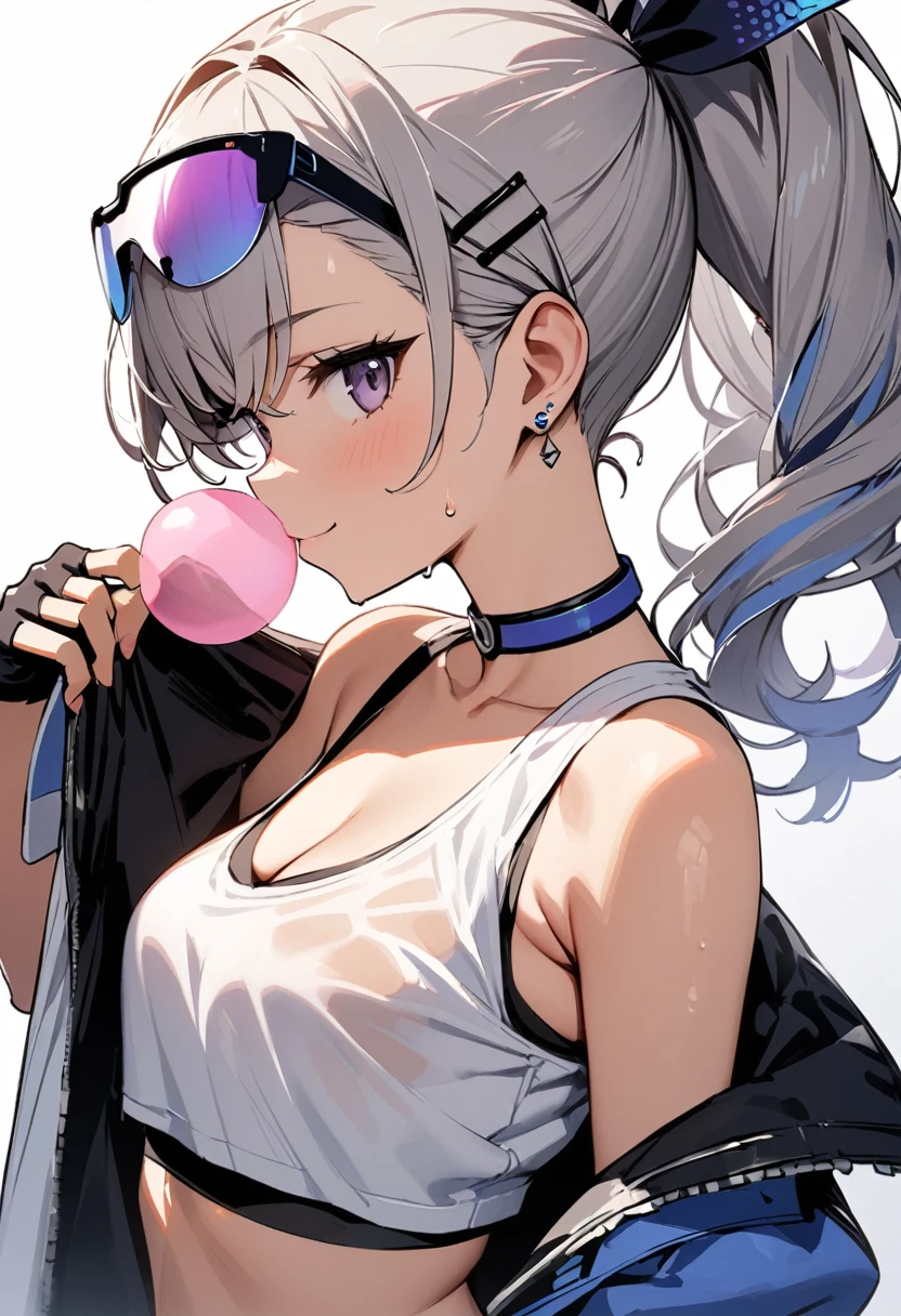 (masterpiece:1.2),Highest quality,Pixiv ,One girl,alone,View your viewers,smile,White background only,whole body,From the side,One knee,,Look to the side、white background only,silverwolf,shirt, hair ornaments, gloves, Cleavage, bare shoulders, jewelry, Medium chest, Jacket, Hair Ribbon, white shirt, Earrings, Open clothes, No sleeve, choker, black gloves, Hair Clip, fingerless gloves, Underarms, off shoulder, open Jacket, Crop top, No sleeve shirt, sunglasses, Wear glasses on your head, Bubble Blowing, chewing gum,Young girl,shoulder,Upper Body,hand holding Jacket,sweating,Heavy breathing,vapor,open Jacket,greasy shoulder,Inverted hair,Underarm,((greasy Underarm)),From the side, shoulder focus,Wet clothes,((Underarm focus)),bare shoulder,((Backlight)),((smooth Underarm)),、No background