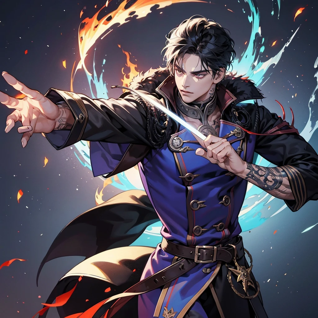 1 handsome magician, manly, handsome, weapon, tattoo, flame, demon slayer, 8k, hd, unreal engine,