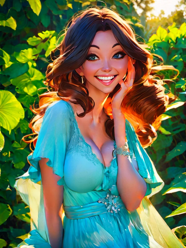 woman posing for a photo, Laugh, Happy, Long hair, Straight hair, finely detailed skin, During the day, A hot summer day, Nature lighting, detailed face:1.2, sharp focus, Hasselblad photography, masterpiece, Light makeup, cinematic lighting, 4k, best quality