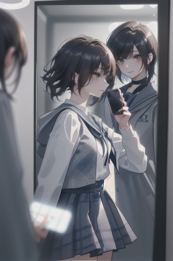 concept:Woman taking selfie. quality:(最高quality, 4K, High resolution, masterpiece:1.2), Very detailed, (Genuine, photoGenuineistic:1.37). illumination:Bright colors, Bright colors and mesmerizing effects, (Warm sunshine), 柔らかく繊細なillumination, Gentle glow, Lens flare, The overall atmosphere is beautiful and gentle... Thematic Intelligence:alone, ((young woman)), (Round eyes), (Small face), (Skin with attention to detail:1.2), Long eyelashes, Glossy Lips, (Brown Hair, Long Wavy Hair, Brown eyes), (Slim figure, Happy expression), (((In front of the mirror))), ((Shooting with a smartphone:1.2)), (Gazing Eyes:1.5, take a picture), Hold your cell phone in front of your face, (((High School Uniform:1.2, Grey jacket, Open jacket, White shirt, Dark blue checked skirt, Captivating thighs))), smile, Happy, charm. Other details:Take a selfie through the mirror, Reflected in the full-length mirror, Genuineなレンダリング, Natural pose,,((Hold your cell phone in front of your face)), charmなsmile, A fun connection, Exquisite texture, Perfect composition, Happy moments, Beautiful Skin, Glowing Skin, Perfect Fingers, Five Fingers, Anatomically correct, Smartphone Photos.,In a completely different expression。