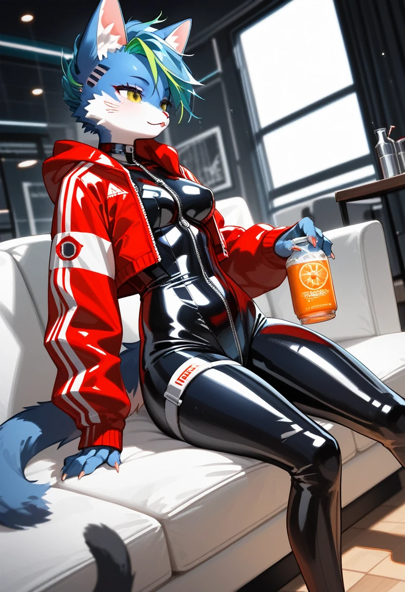 Highest quality, Highest quality, High quality illustrations, masterpiece, Ultra-high resolution, Detailed Background, room, Absurd, Perfect Anatomy, performance, Good lighting, Shadows in the movies(kemono, Furry PersonifiCation), Cat, Rubber Suit, latex, neon, neonライト, neonカラー, Bodysuits, Cyber Suit, cyber punk, Red Rubber Hoodie, Sit on the sofa, Drink a bottle, Earrings, Tattoo, Dynamic Angle