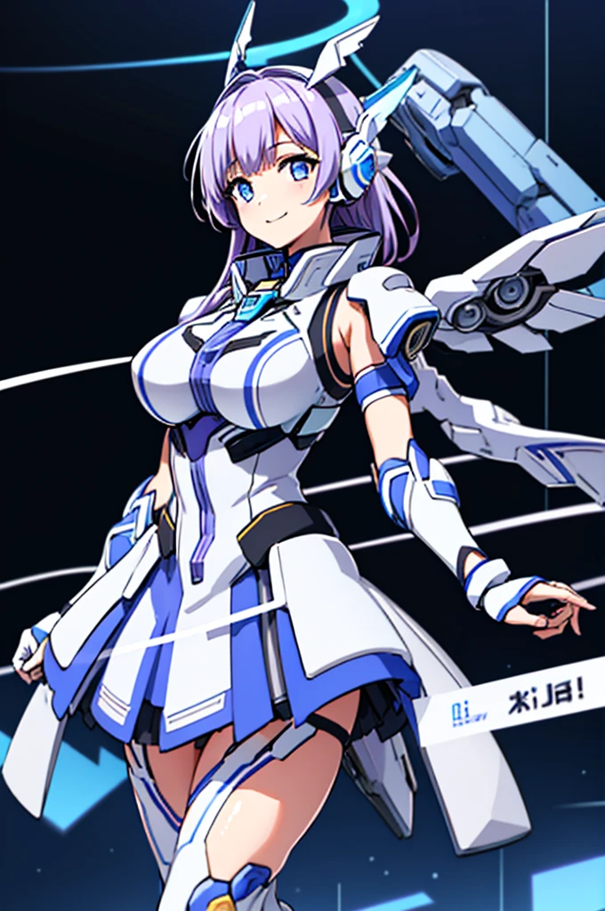 mecha wings、White and blue skirt、Accentuated thighs、White tights、chest、Beautiful light purple hair、1 girl、solo girl、Thick thighs、IS、Frame Arms Girl、Alice Gere Aegis、White Armor、Blue and purple lines、income、headphone、hand on own chest、smile、Idol Costume