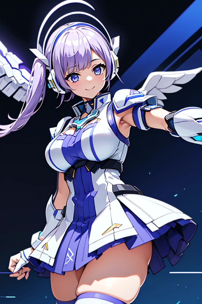 mecha wings、White and blue skirt、Accentuated thighs、White tights、chest、Beautiful light purple hair、1 girl、solo girl、Thick thighs、IS、Frame Arms Girl、Alice Gere Aegis、White Armor、Blue and purple lines、income、headphone、hand on own chest、smile、Idol Costume