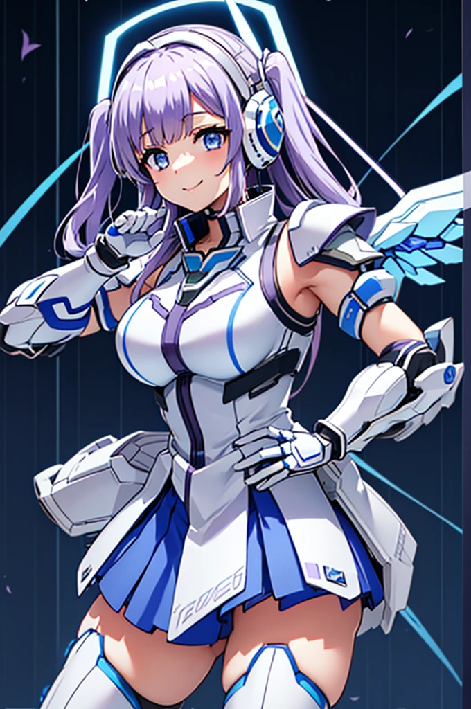 mecha wings、White and blue skirt、Accentuated thighs、White tights、chest、Beautiful light purple hair、1 girl、solo girl、Thick thighs、IS、Frame Arms Girl、Alice Gere Aegis、White Armor、Blue and purple lines、income、headphone、hand on own chest、smile、Idol Costume