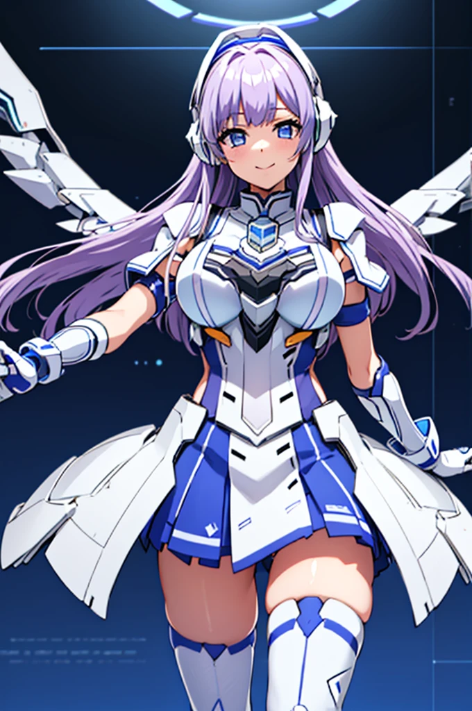 mecha wings、White and blue skirt、Accentuated thighs、White tights、chest、Beautiful light purple hair、1 girl、solo girl、Thick thighs、IS、Frame Arms Girl、Alice Gere Aegis、White Armor、Blue and purple lines、income、headphone、hand on own chest、smile、Idol Costume