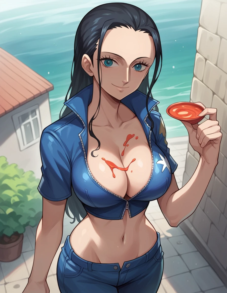 score_9, score_8_superior, score_7_superior, sauce_anime, Highest quality, Clear Face, Nico Robin, Black Hair, Long Hair, Large Breasts, Perfect body, View your viewers, smile, Cleavage, Dynamic Angle, Blue jacket, Short sleeve, belly button, Outdoor