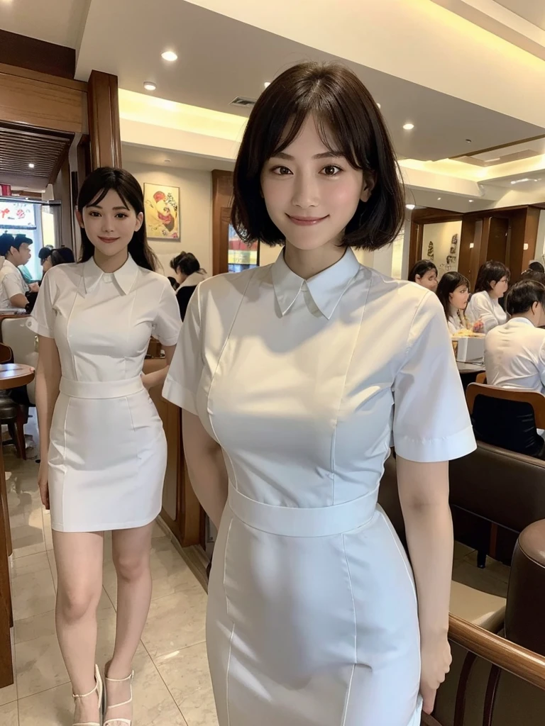 Highest quality、masterpiece、8k、Very detailed、Realistic、(One person)、Looking at me with a smile、whole body、Black Hair、Short Hair、Small face、Slender、(Very large breasts)、Thin and beautiful legs、narrow and constricted waist,、(Family Restaurant Uniforms:1.2)